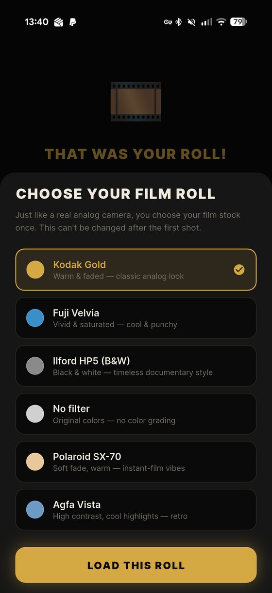 De filmkeuze van BlindRoll met Kodak Gold, Fuji Velvia, Ilford HP5, geen filter, Polaroid SX-70 en Agfa Vista, elk met een korte omschrijving.