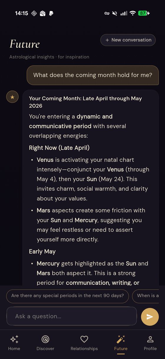 Nadira answering a question about the month ahead using the current transits against the user's own natal chart.