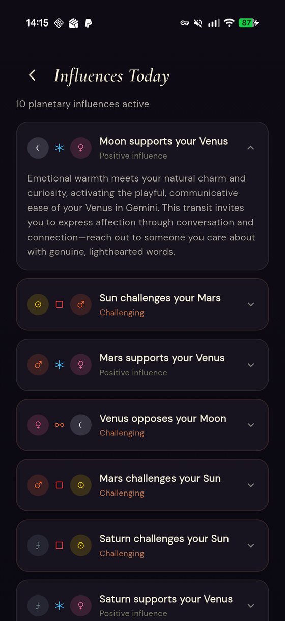 The Influences Today screen listing ten active planetary influences, each labelled supportive, challenging or mixed and expandable for the full explanation.