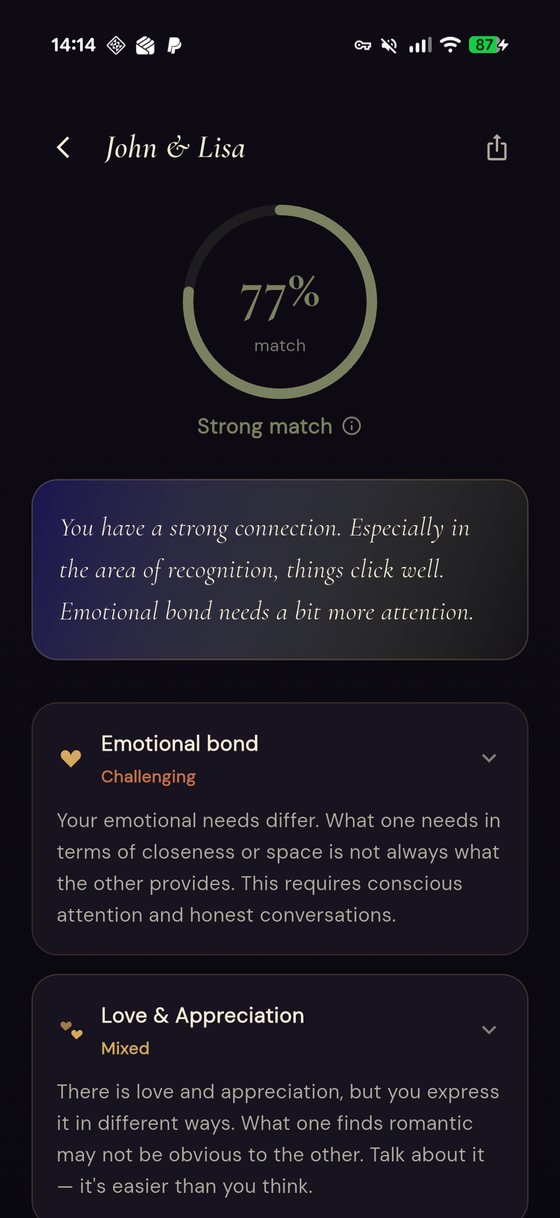 A compatibility reading in Nadira showing a 77 percent match, broken down into emotional bond and love and appreciation.