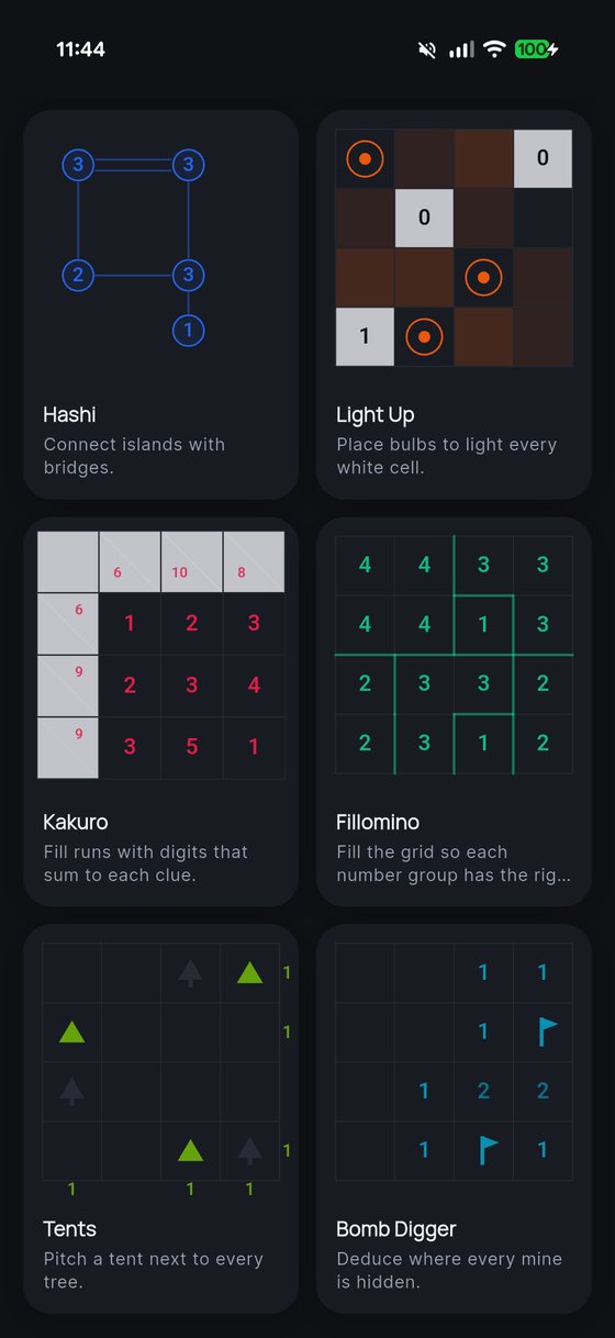 ThinkGrid game overview showing sample grids for Hashi, Light Up, Kakuro, Fillomino, Tents and Bomb Digger.
