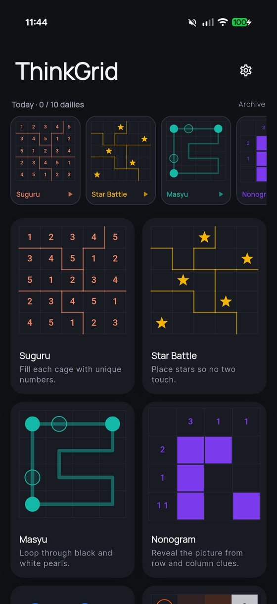The ThinkGrid home screen showing daily puzzle progress at 3 of 10 and cards with sample grids for Suguru, Star Battle, Masyu and Nonogram.